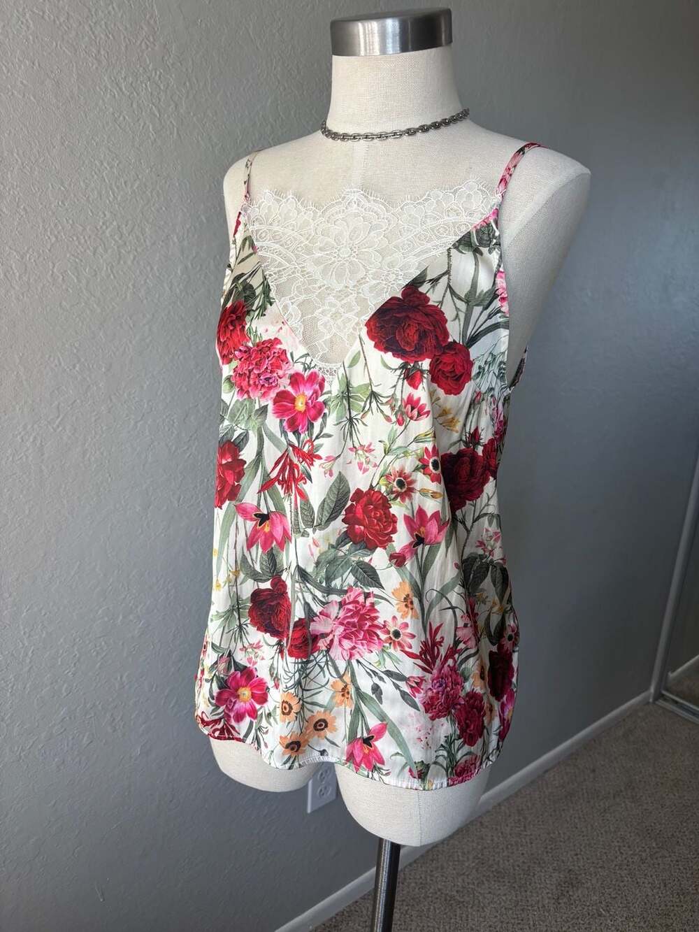 Gina Tricot Floral Satin Lace Trim Camisole Top